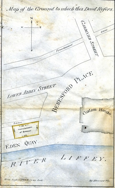 Map showing location and dimensions of premises marked 'Commissioners of Revenue' on the north of Eden Quay and west side Beresford Place.  The map includes details of the surrounding area, including the Custom House, Lower Abbey Street, Gardiner Street,