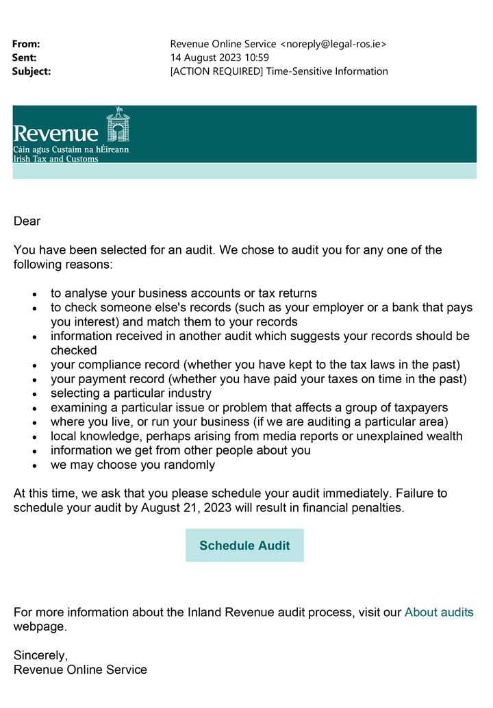 A fraudulent email from a suspicious address with an urgent deadline to respond