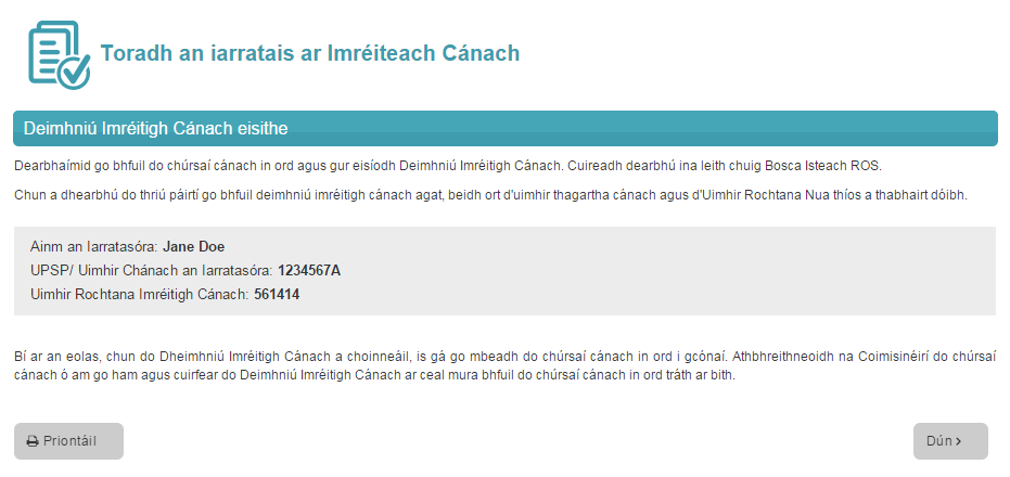 Íomha de scáileán do thoradh an iarratais le haghaidh imréitigh cánach nuair atá deimhniú eisithe