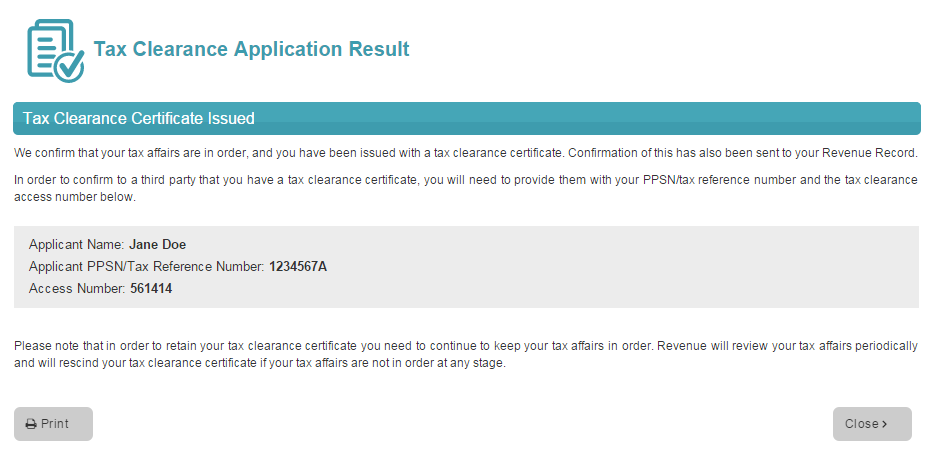 Image of a tax clearance application result screen where a certificate is issued